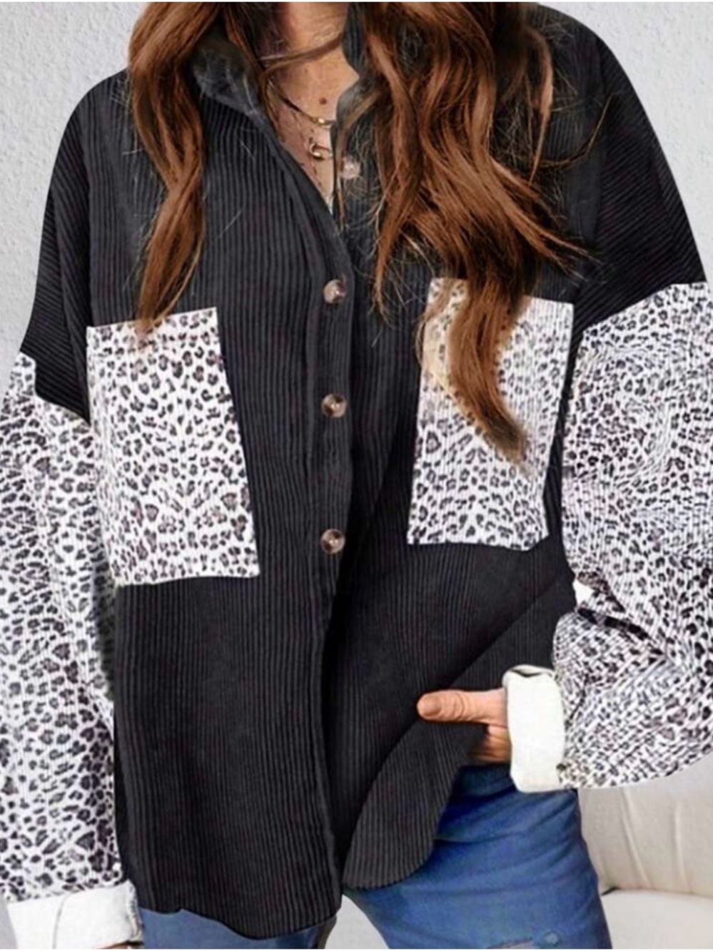 SHEIN Black Button-Down Shirt with White Leopard Print Panels